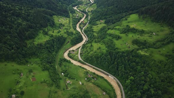 River Black yew in the mountains. Carpathians, Ukraine. Aerial.