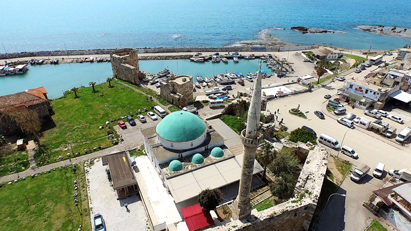 Aerial View Flying Over Mosque and Port