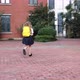 Happy Little Caucasian Blonde Girl Seven Years Old in Uniform with Yellow Backpack Running Back to - VideoHive Item for Sale