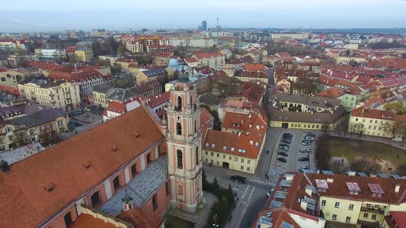 Flying over the Church of All Saints in Vilnius, Lithuania alt