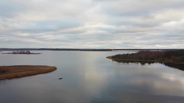Drone flight over a beautiful scenic lake