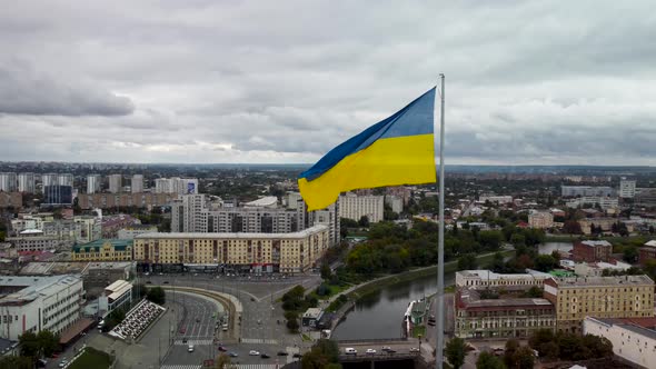 Flag of Ukraine, Kharkiv city center river aerial