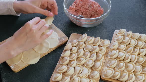 Woman Makes Dumplings with Mince Meat