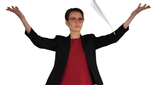 Businesswoman in Glasses Is Scattering Documents on White alt