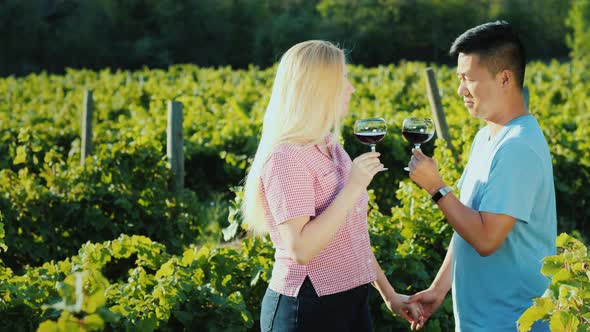 Multi-ethnic Couple in Love Tasting Wine in a Vineyard, Holding Hands. Honeymoon and Wine Tour alt