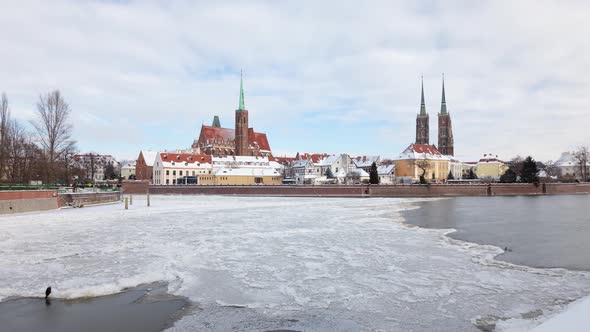 Frozen Oder river  in Wroclaw, Poland