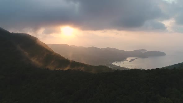 Sunset Mountains Silhouette Aerial Thailand Zooming Shot
