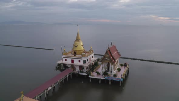 Aerial view of Wat Hong Thong with lake or sea, Chachoengsao near Bangkok City, Thailand alt