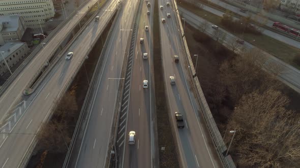 Aerial View of Elevated Highway Traffic at Sunset