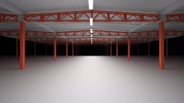 Empty warehouse hall, cell span. Industrial interior of the hall with lighting