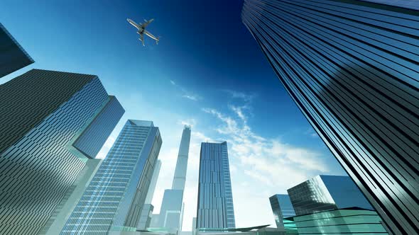 The Plane Flies Over The Buildings alt