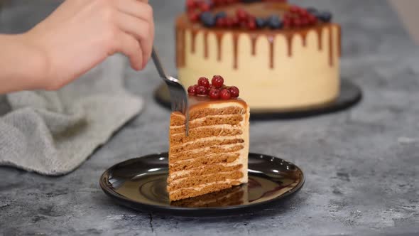Piece of caramel layered cake decorated with berries.