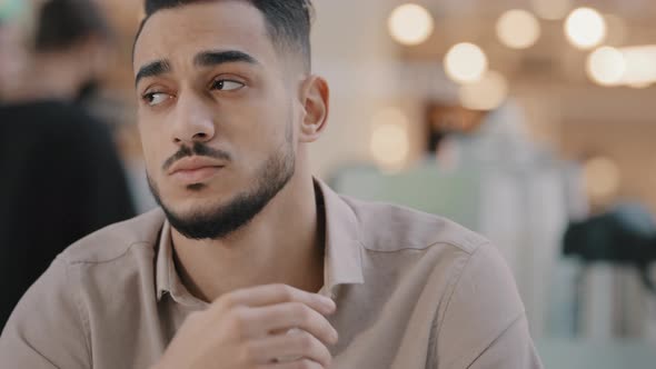 Portrait Young Sad Hispanic Man Make Difficult Decision Suffering Headache Unhappy Depressed Arab alt