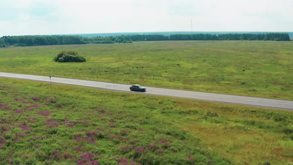 Aerial View of a Driving Car on the Road in a Field Among Lilac Flowers alt