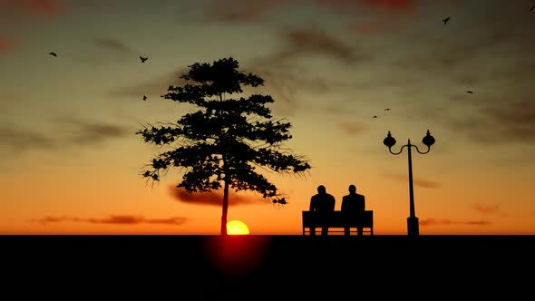 Old Friends Sitting On Bench With Sunset View