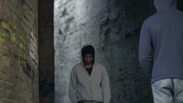 Young Black Men Exchanging Money to Drugs in Abandoned Building, Addiction alt