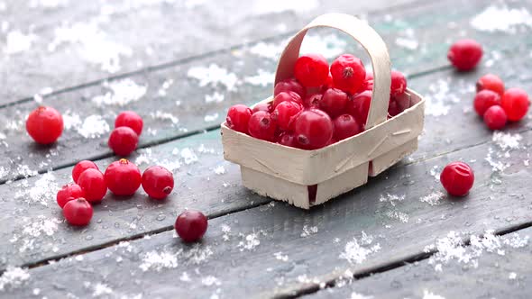 Fresh cranberries in a basket on the table and snow