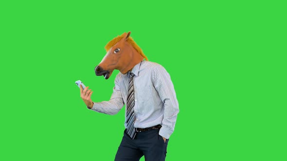 Angry Businessman in Horse Mask Has Misunderstanding Talking on Phone Call Speak Counting to Three