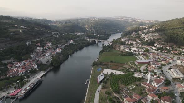 Panoramic aerial view of Entre-os-Rios. Tamega river pier and bridge.
