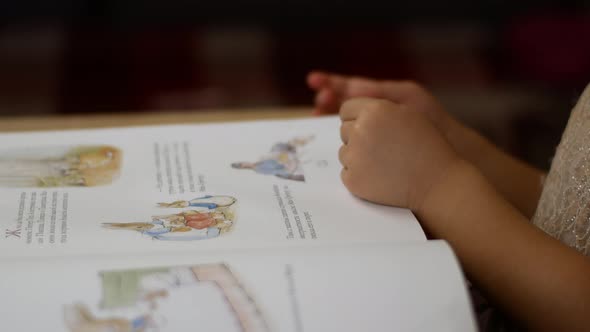 Little girl in dress examines a book with beautiful color pictures alt