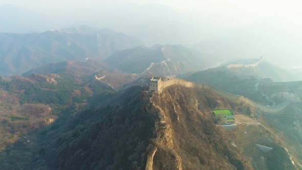 Great Wall of China and Green Mountains. Badaling Section. Aerial View alt