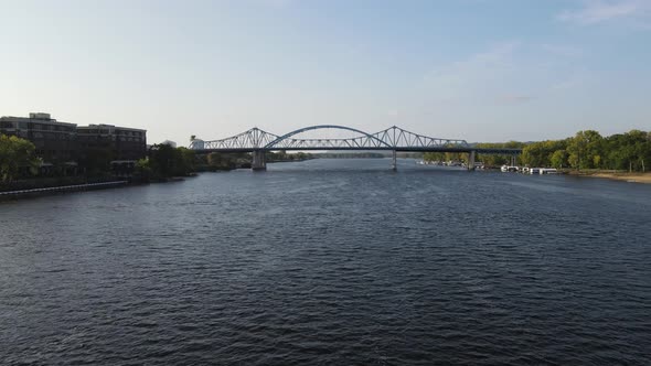 Flying down the main channel of the Mississippi River toward the blue bridge in Wisconsin.