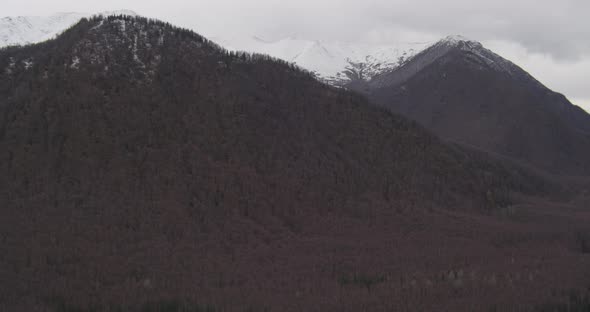 Aerial helicopter shot of Alaskan mountainside, over forests, reveals mountains, drone footage alt