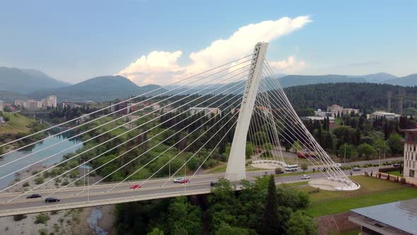 Aerial drone view of cable stayed Millennium bridge in Podgorica, Montenegro