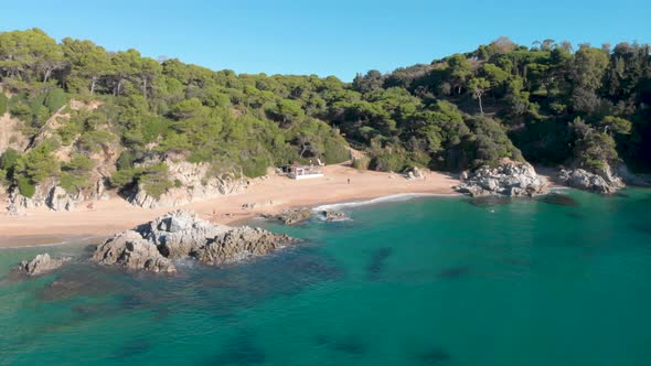 Costa Brava beach, aerial drone, paradise, turquoise green - Lloret de Mar Mediterranean - Spain alt