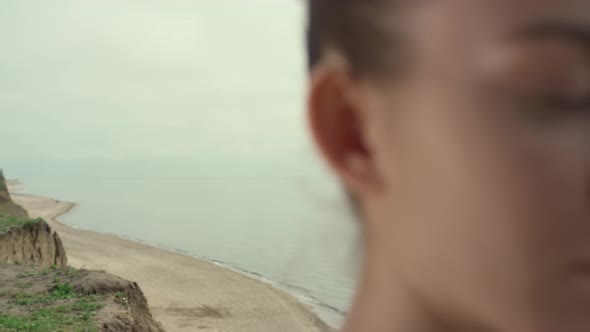 Portrait Meditating Girl Sitting Green Hill Close Up alt