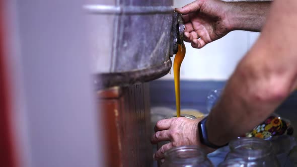 Beekeeper Pouring and Extracting Golden Fresh Liquid Organic Bee Honey from Extractor into Glass Jar alt