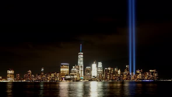 New York City and September 11th Tribute. 4K Time Lapse.