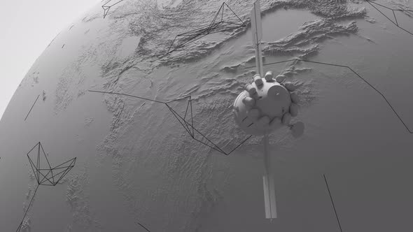 global satellite system in light gray style LEO communications satellite flies around the globe. alt