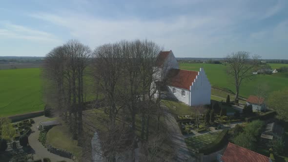 Aerial Of Danish Medieval Christian Church Spring 