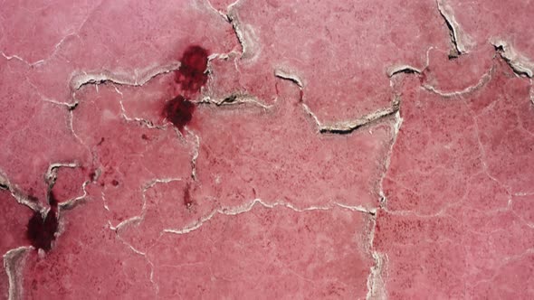 Scenic Drone Flight Over Dry Pink Lakebed Weird Shape White Dry Salt Pattern alt