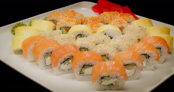 Sushi .Rolls With Different Fillings Inside. Japanese Cuisine