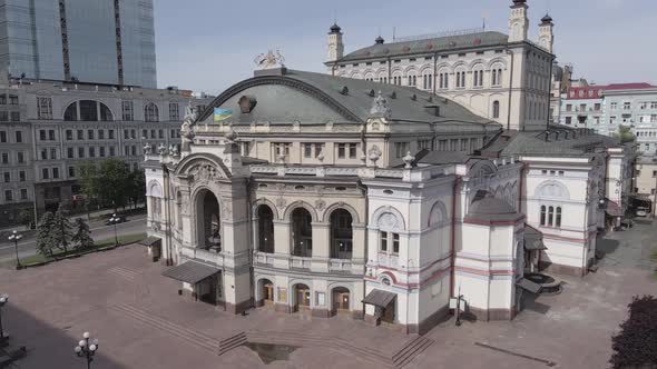 Kyiv. Ukraine: National Opera of Ukraine. Aerial View, Slow Motion, Flat, Gray alt