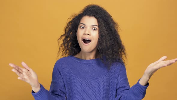 Excited  Afro American Woman Showing Wow, Wonder Emotion