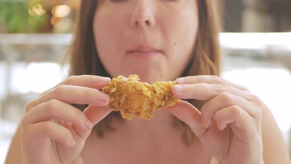 Woman Eats Delicious Breaded Chicken Deepfried Fast Food Snack