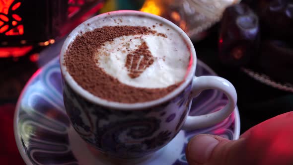 The Food of Ramadan. Cup of coffee, dates, dried fruits, sweets. Eid - Islamic holiday alt