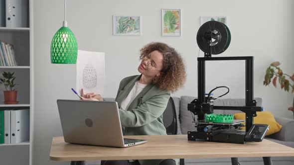 Young Creative Woman Uses Modern Technologies and Prints Prototype of 3d Model on 3d Print at Home alt