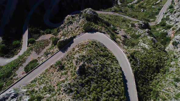 Aerial View Winding Serpentine Road at Mallorca Isle