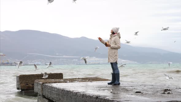 Young Woman Is Feeding a Seagulls
