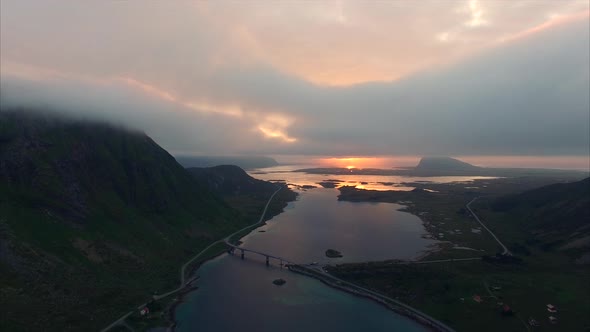 Cloudy sunset on Lofoten islands, aerial footage