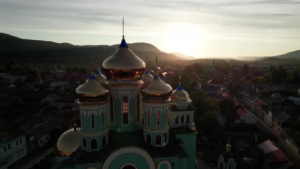 Christian Church at Sunset Aerial View Temple in the Transcarpathia Ukraine alt