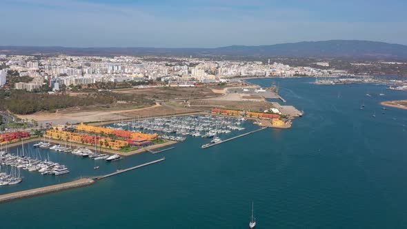 Aerial View of the Portuguese Marina Bay in the Tourist Town of Portimao Yacht Boats of Luxury alt
