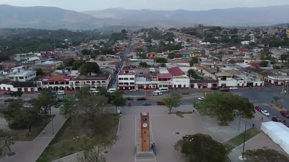 Drone shot of a town center alt