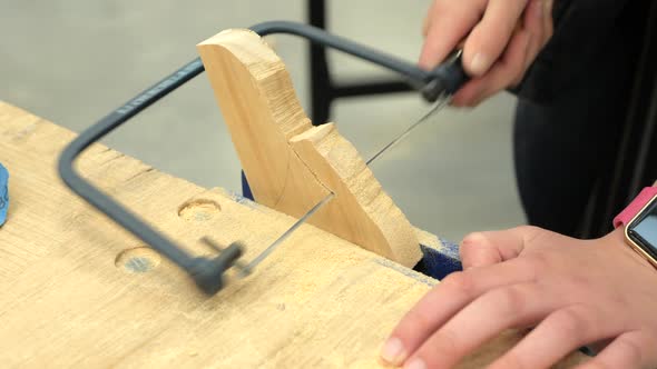 Student Using A Coping Saw To Shape A Piece Of Timber, CLOSE UP alt