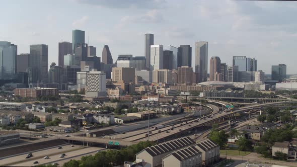 Establishing shot of downtown Houston from from historic Third Ward area alt