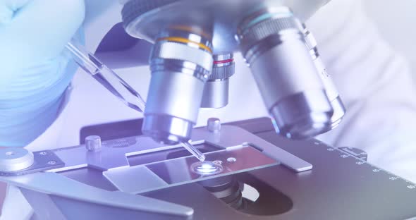 Laboratory Assistant Drips the Solution for Further Examination Under the Microscope alt